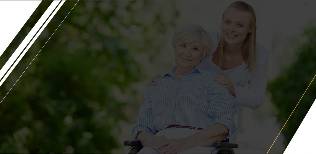 Smiling senior woman with caregiver outdoors.
